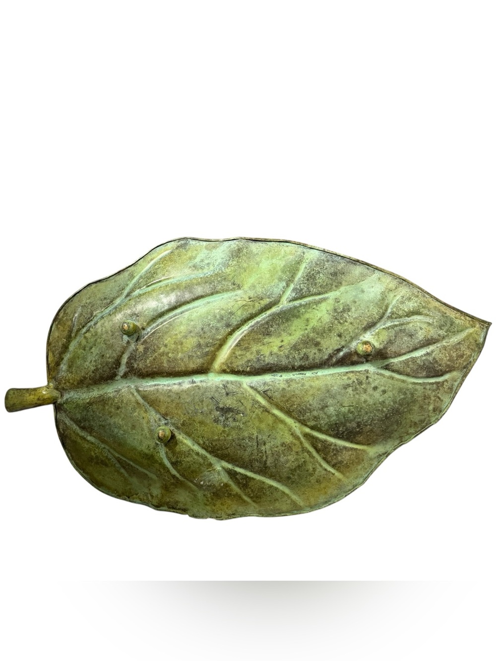 Vintage Distressed Green Metal Leaf Tray Large 25" Centerpiece MCM rustic chic - Picture 4 of 7
